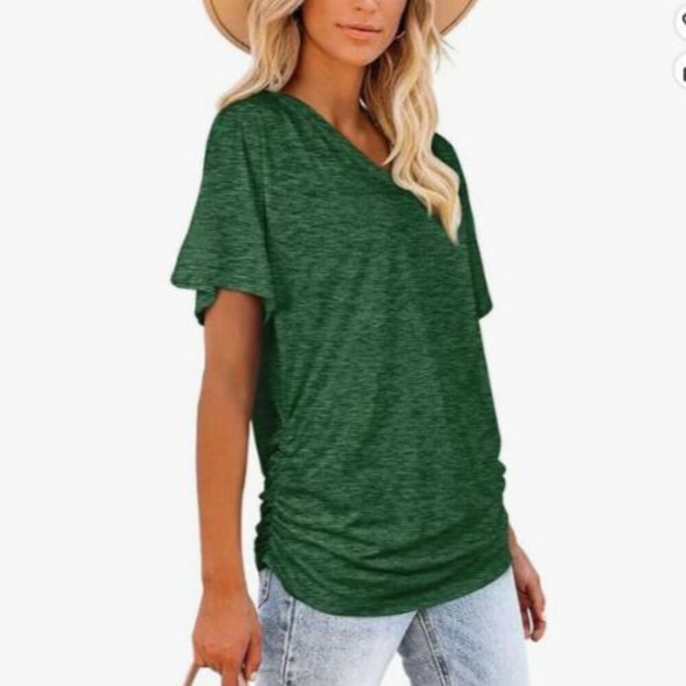 WIHOLL XXL Green V Neck Ruched Side Short Sleeve Tee NIP Casual Top